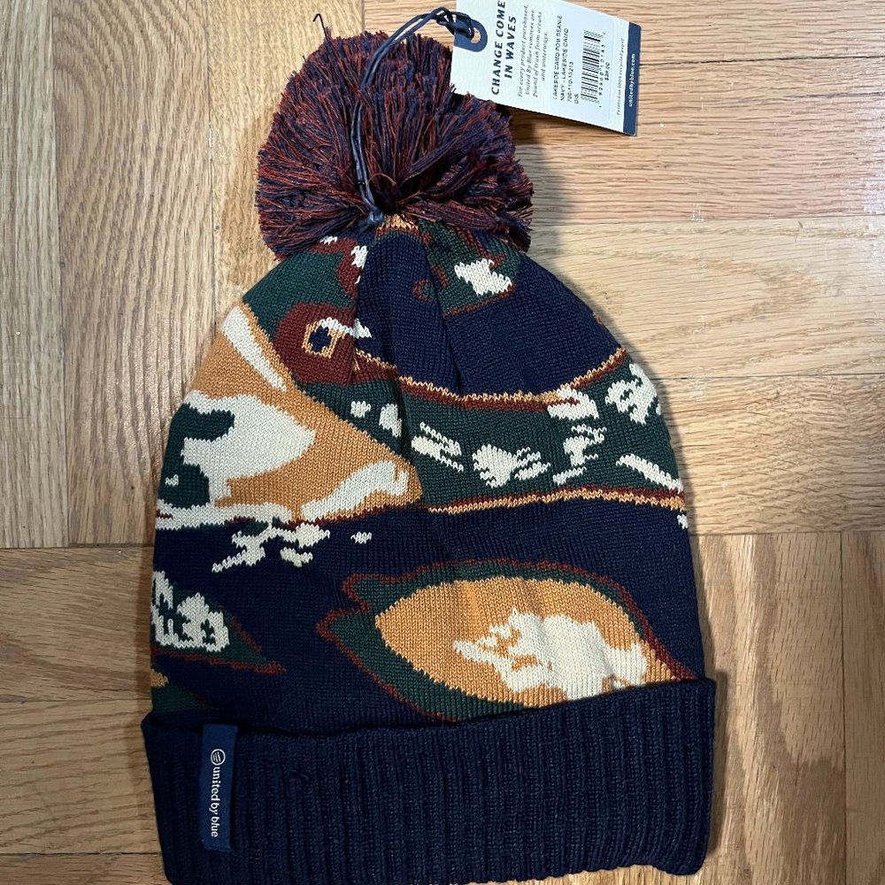 NWT Lakeside Camo Navu United By Blue Pom Beanie Hiking Marigold Hat Unisex